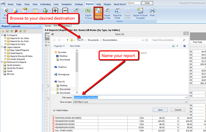 PlanSwift showing the Save CSV file dialog box