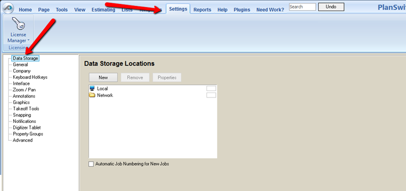 PlanSwift Settings Tab arrow pointing to Data Storage option