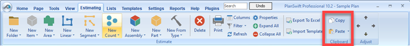 PlanSwift Estimating Tab highlighting the Copy and Paste buttons