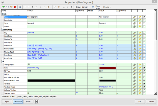 PlanSwift New Segment Advance Properties Window