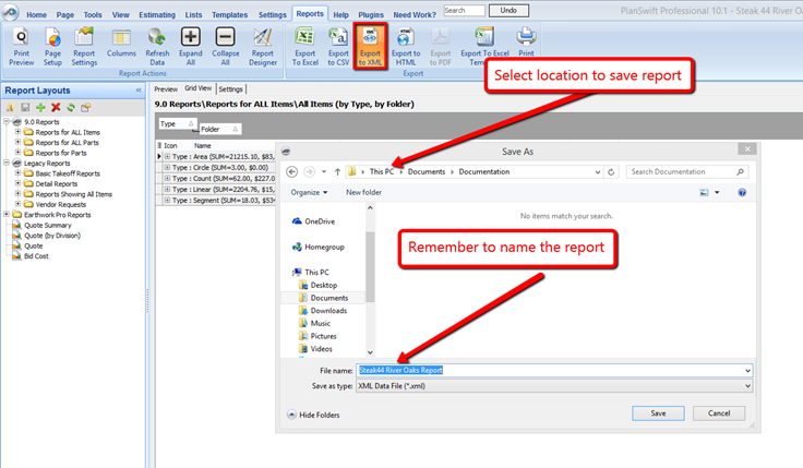 PlanSwift showing the Save XML file dialog box