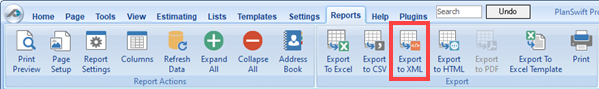 PlanSwift Reports Tab highlighting the Export to XML button