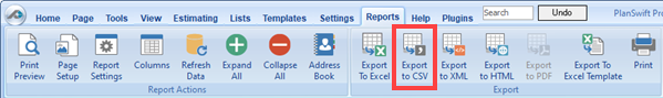 PlanSwift Reports Tab highlighting the Export to CSV button