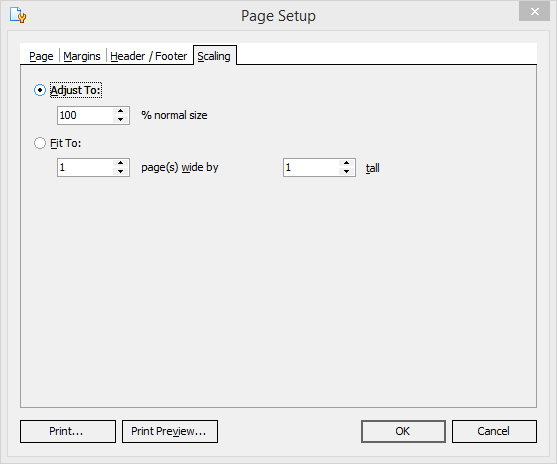 PlanSwift Reports Tab - Page Setup dialog box - Scaling tab
