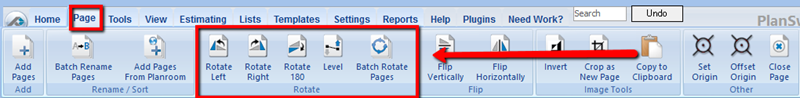 PlanSwift Page Tab Rotate and Level buttons