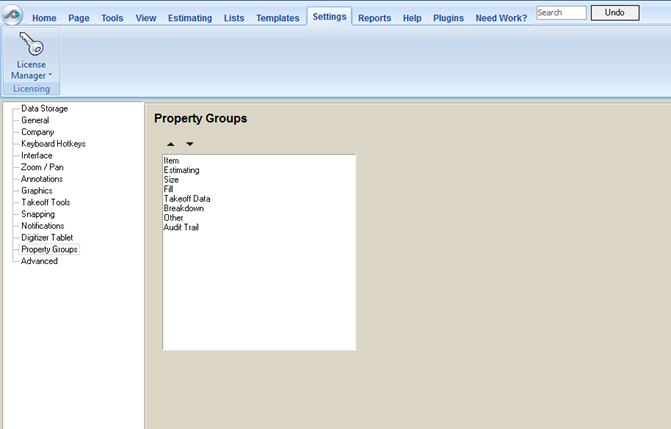PlanSwift Settings Tab - Property Groups panel