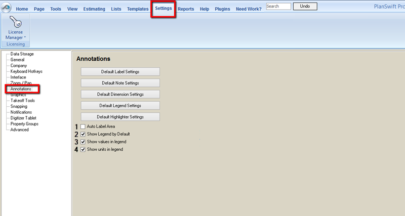 PlanSwift Settings Tab showing Annotation Defaults