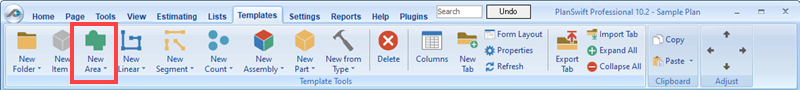 PlanSwift New Area Button