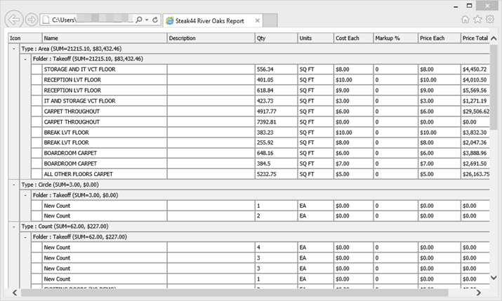 Exported PlanSwift Report opened as an XML file in a browser