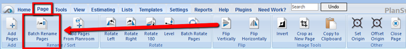 PlanSwift Page Tab Batch Rename Page button