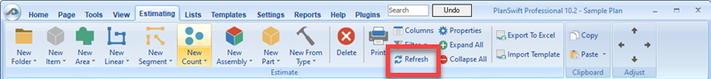 PlanSwift Estimating Tab Refresh button