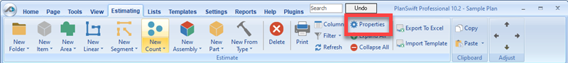 PlanSwift Estimating Tab Properties button