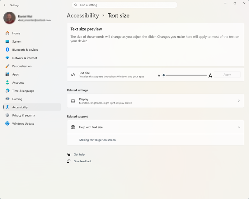 Windows Accessibility Settings dialog box - text size settings