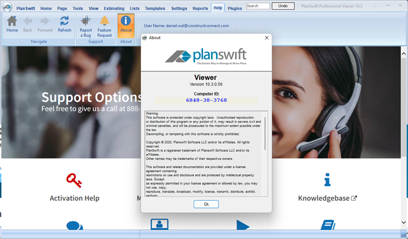 PlanSwift About screen showing version number
