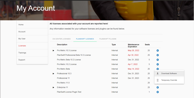 MyAccount site showing PlanSwift downloads