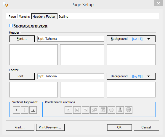 PlanSwift Reports Tab - Page Setup dialog box - Header-Footer tab