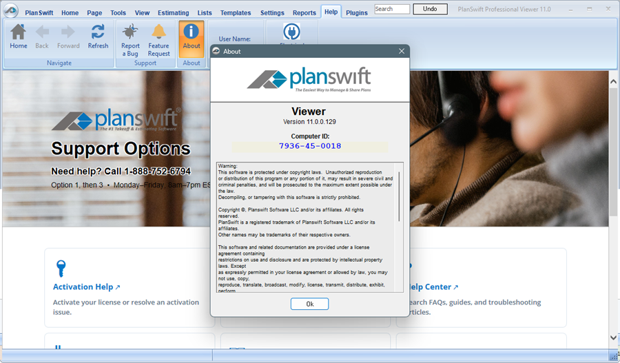 PlanSwift About screen