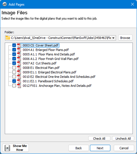PlanSwift add pages select files to import