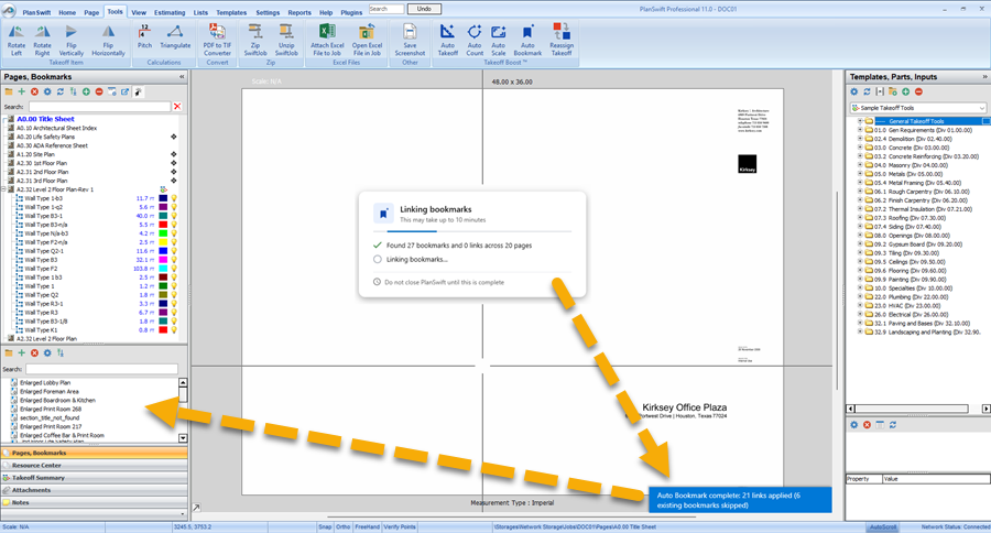 PlanSwift 11 showing results of Auto Bookmark