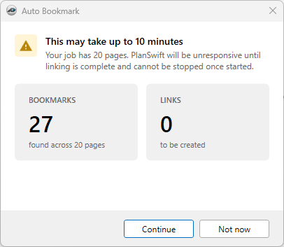 PlanSwift Auto Bookmarkdialog box