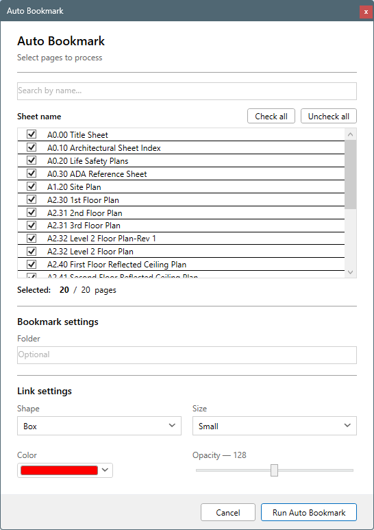 PlanSwift Takeoff Boost Auto Bookmark dialog box