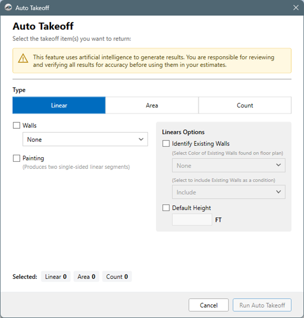 PlanSwift Auto Takeoff dialog box - linear tab