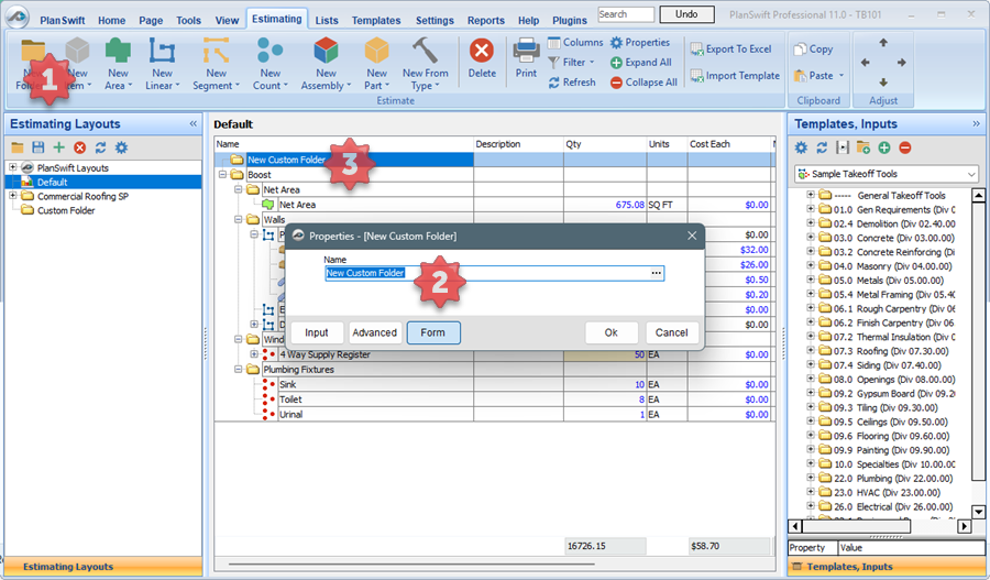 PlanSwift 11 create a new folder on the Estimating Tab