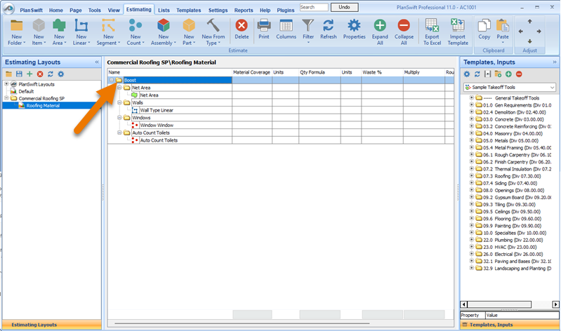 PlanSwift 11 Estimating Tab showing Boost Takeoff Items