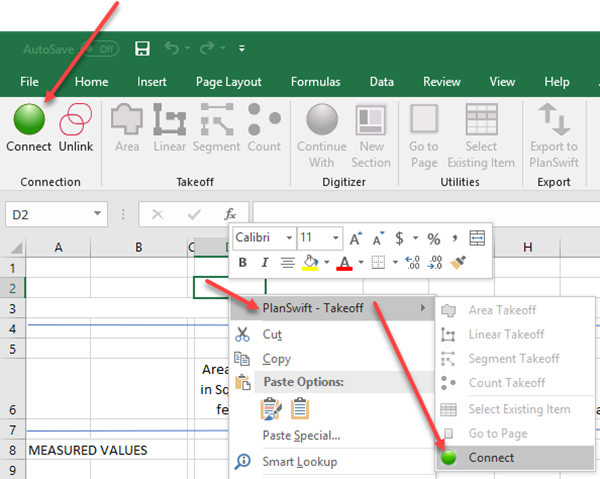 PlanSwift Excel Integration - Excel toolbar showing Continue With options