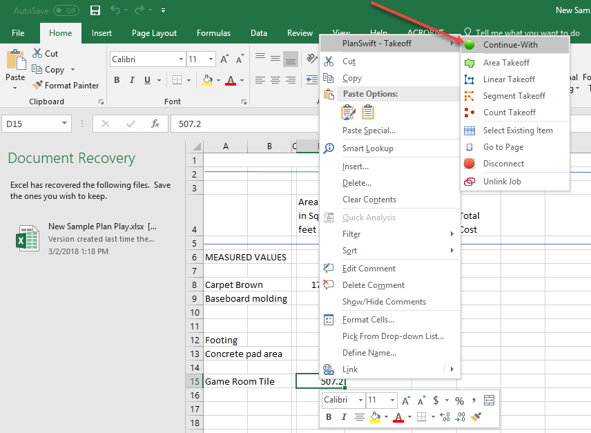 PlanSwift Excel Integration - Excel toolbar showing Continue With options