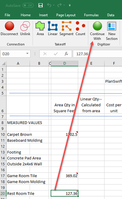 PlanSwift Excel Integration - Excel toolbar showing Continue With options