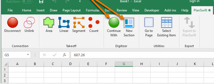 PlanSwift Excel Integration - Excel toolbar showing PlanSwift digitizer options