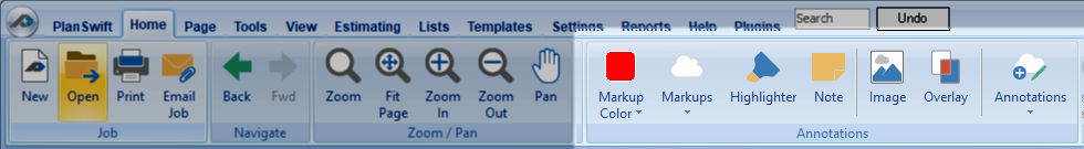 PlanSwift Home Tab ribbon bar highlighting the Annotations section