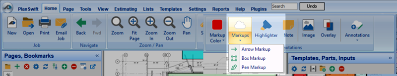 PlanSwift Home Tab - Annotations - Markups drop-down activated