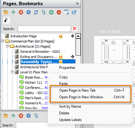 PlanSwift Pages panel context menu showing open in new tab or window options