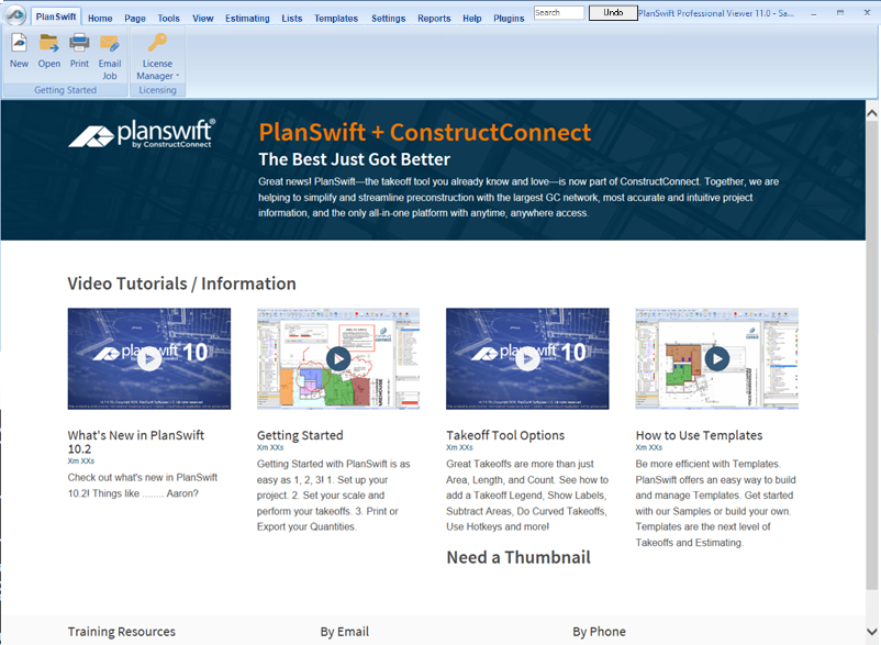 The PlanSwift Tab is your home page in the application