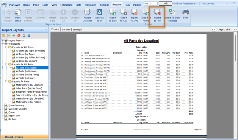 PlanSwift Reports Tab highlighting the Export to PDF button