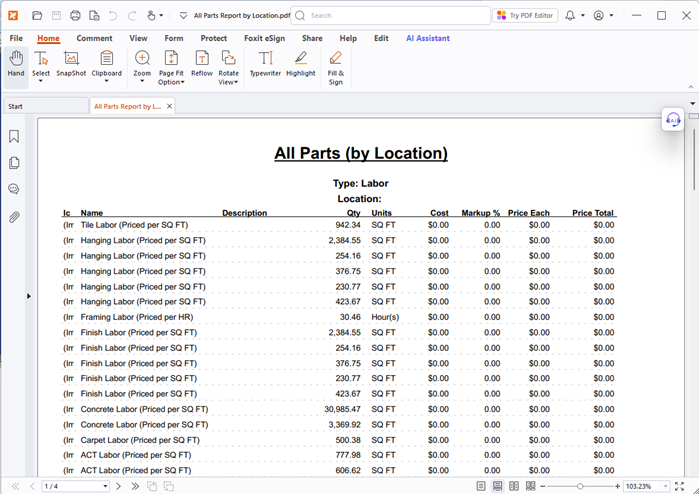 Exported PlanSwift Report opened as a PDF in a viewer