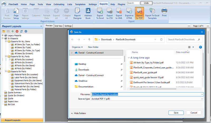 PlanSwift showing the Save PDF file dialog box
