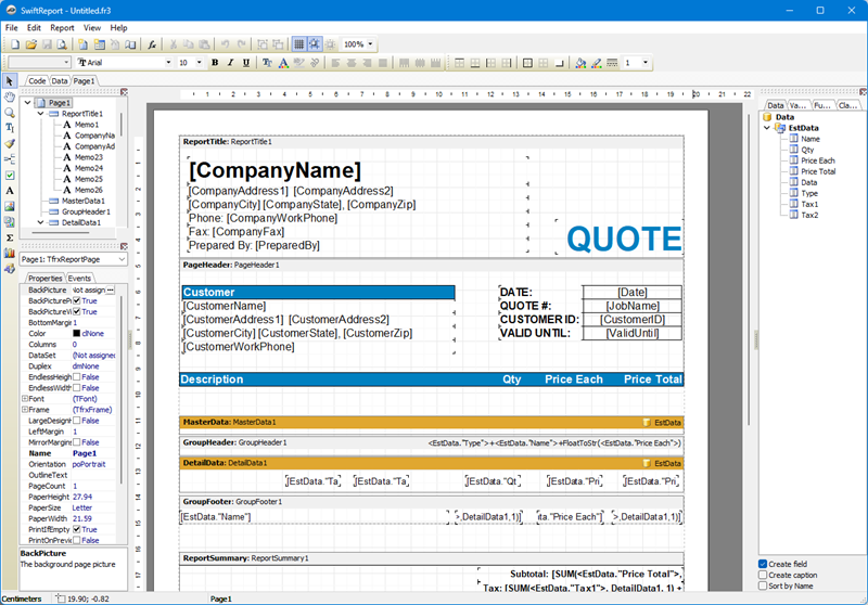 PlanSwift Report opened in ReportDesigner