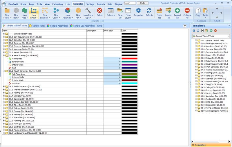 PlanSwift Templates Tab