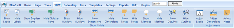 The PlanSwift View tab toolbar