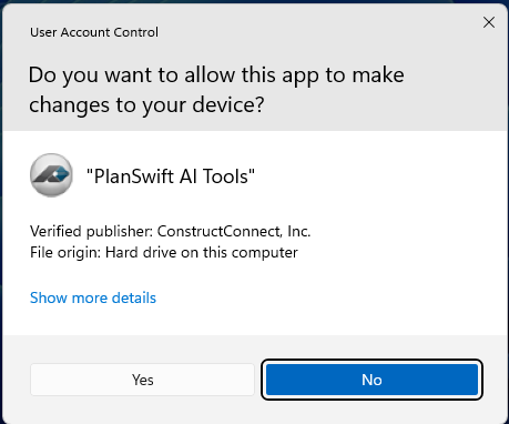 PlanSwift with AI Tools UAC Prompt