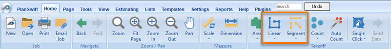 PlanSwift Linear Takeoff Tool and Segment Tool buttons