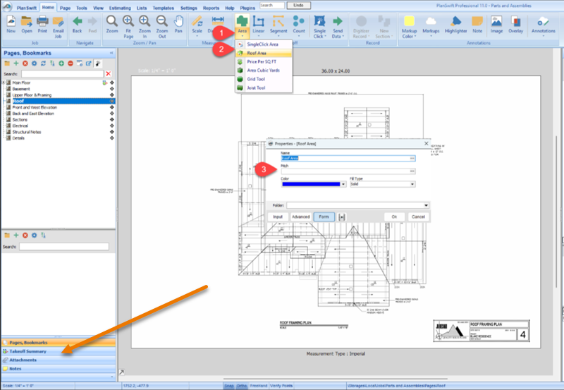 PlanSwift showing how to use Roof Area takeoff and Takeoff Summary panel
