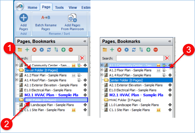 PlanSwift Pages and Bookmarks panel moving Pages using drag-n-drop