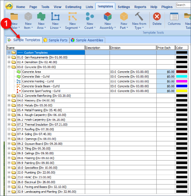 PlanSwift Sample Templates Tab