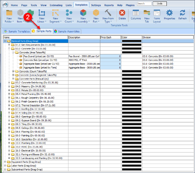 PlanSwift Sample Parts Tab