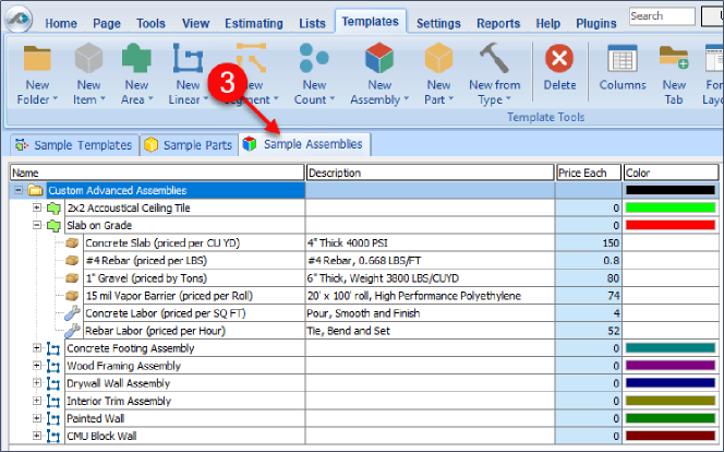 PlanSwift Sample Assemblies Tab