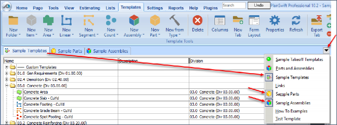 PlanSwift Available Sub Tab Drop Down Menu
